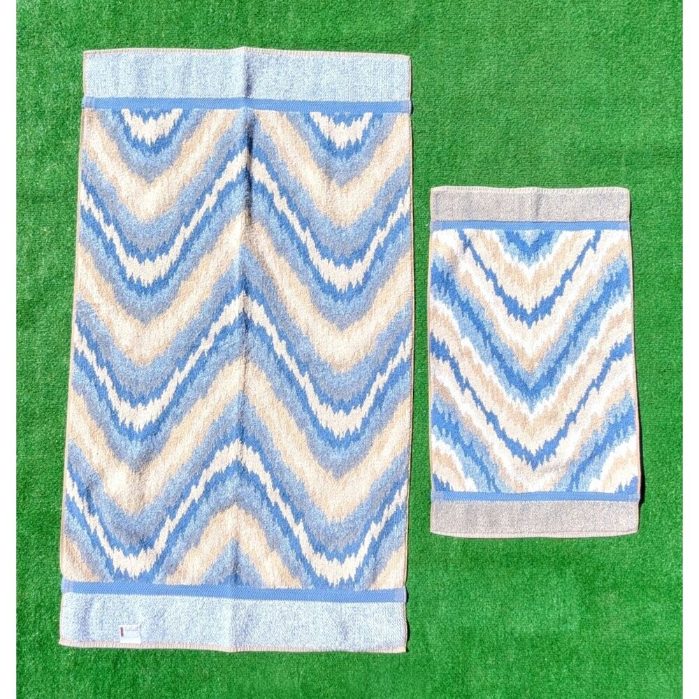 VTG JCPenny Color Forum 1980s Ice Blue Flamestitch Hand & Body 2Pc Towel Set EUC